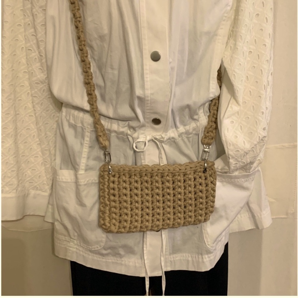 Handmade crocheted Crossbody purse in tan sand color with silver accents